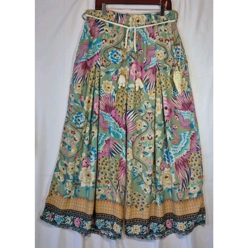 Aratta Silent Journey Wide Leg Pants Sage Green Bird Floral XL New w/Tag - Picture 2 of 15